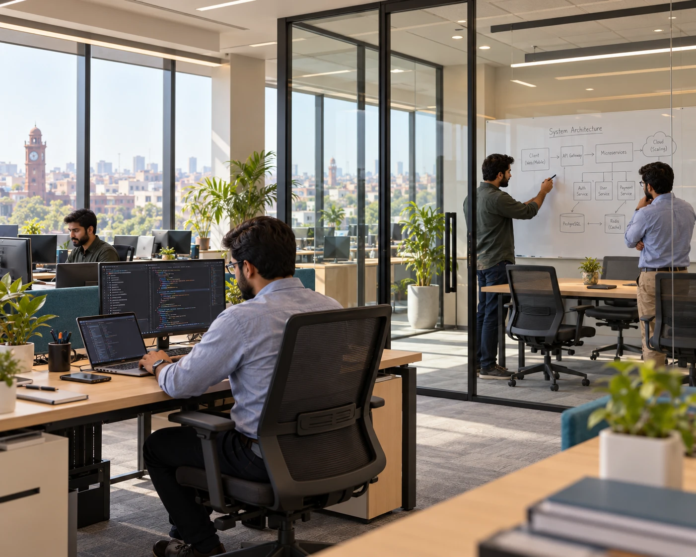 Developers at work in a bright open-plan office in Faisalabad, the city’s Clock Tower visible through the windows